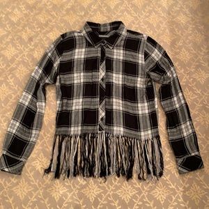 Rails Black/Grey Plaid Flannel Shirt w/ Fringe Hem